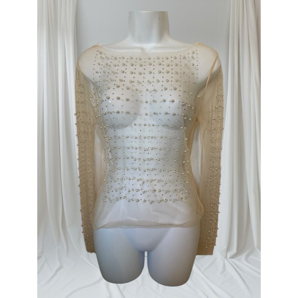 Sheer Pearl Beaded Mesh Top Nude Champagne Long Sleeve Evening Blouse S-M